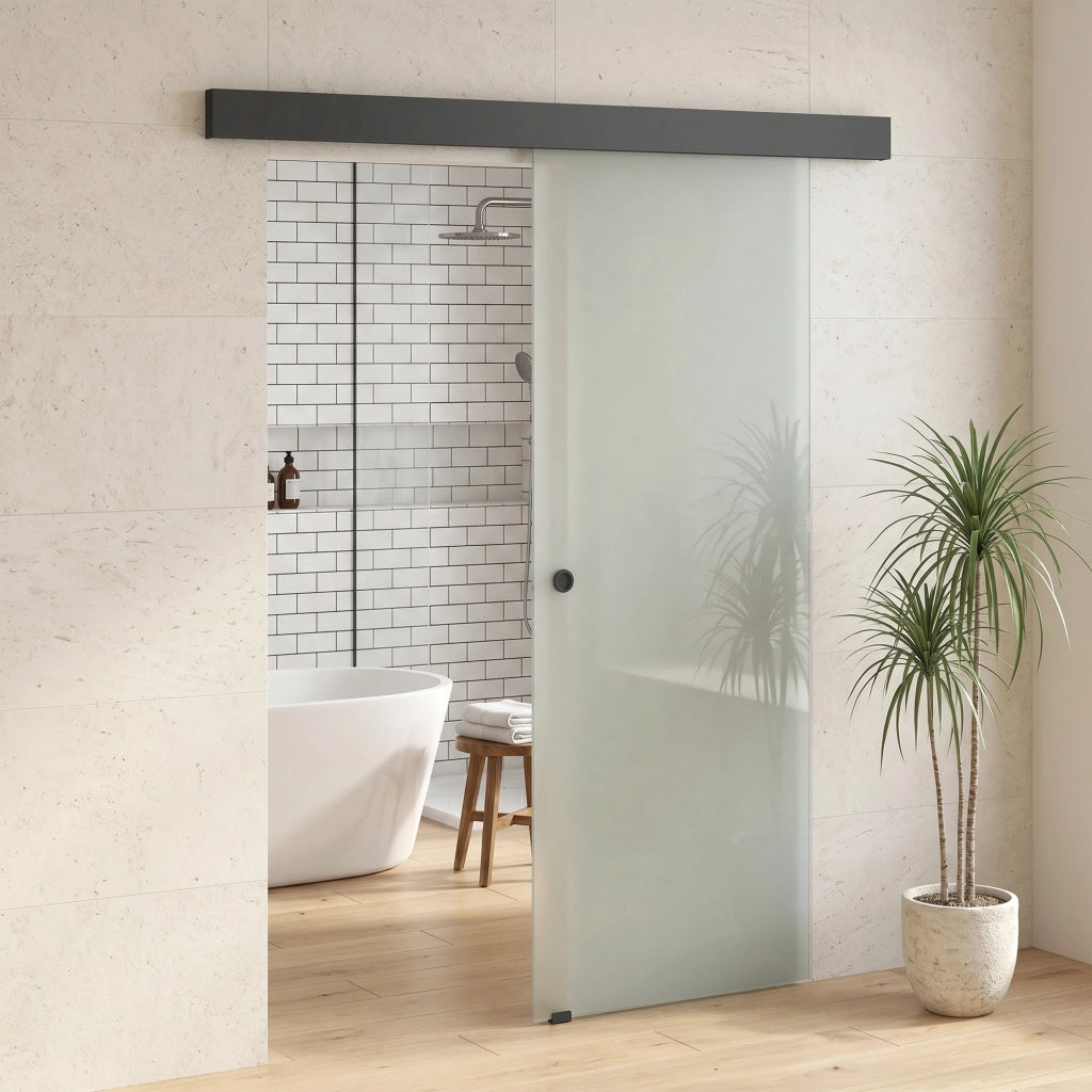 Porta Scorrevole 77,5x205 cm con Binario Silenzioso e Guida in Vetro Temperato Sabbiato Trasparente