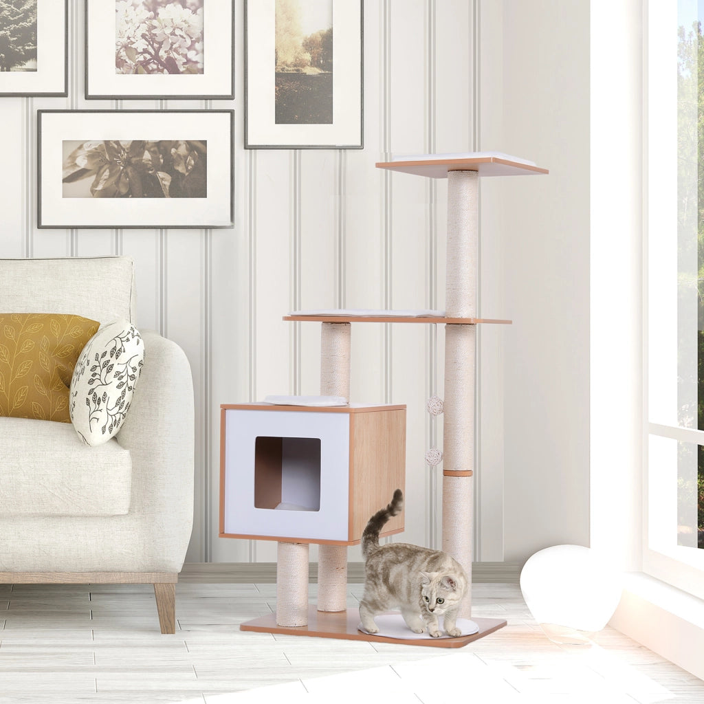 Tiragraffi per Gatti con Cuccia e Piattaforme ¨C Minimal ¨C Bianco Legno MDF 71.5x49.5x120cm