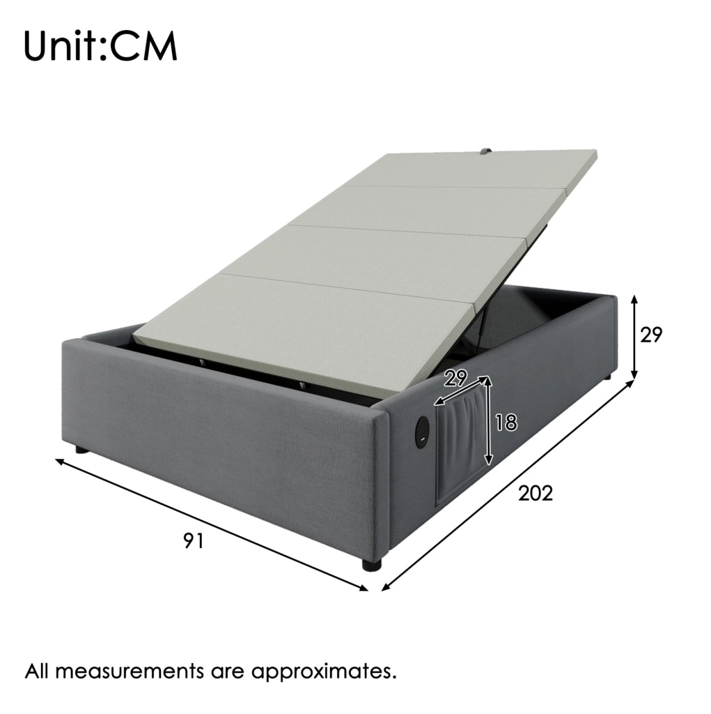 Letto contenitore singolo 90x200 cm con USB e USB C; cotone e lino grigio