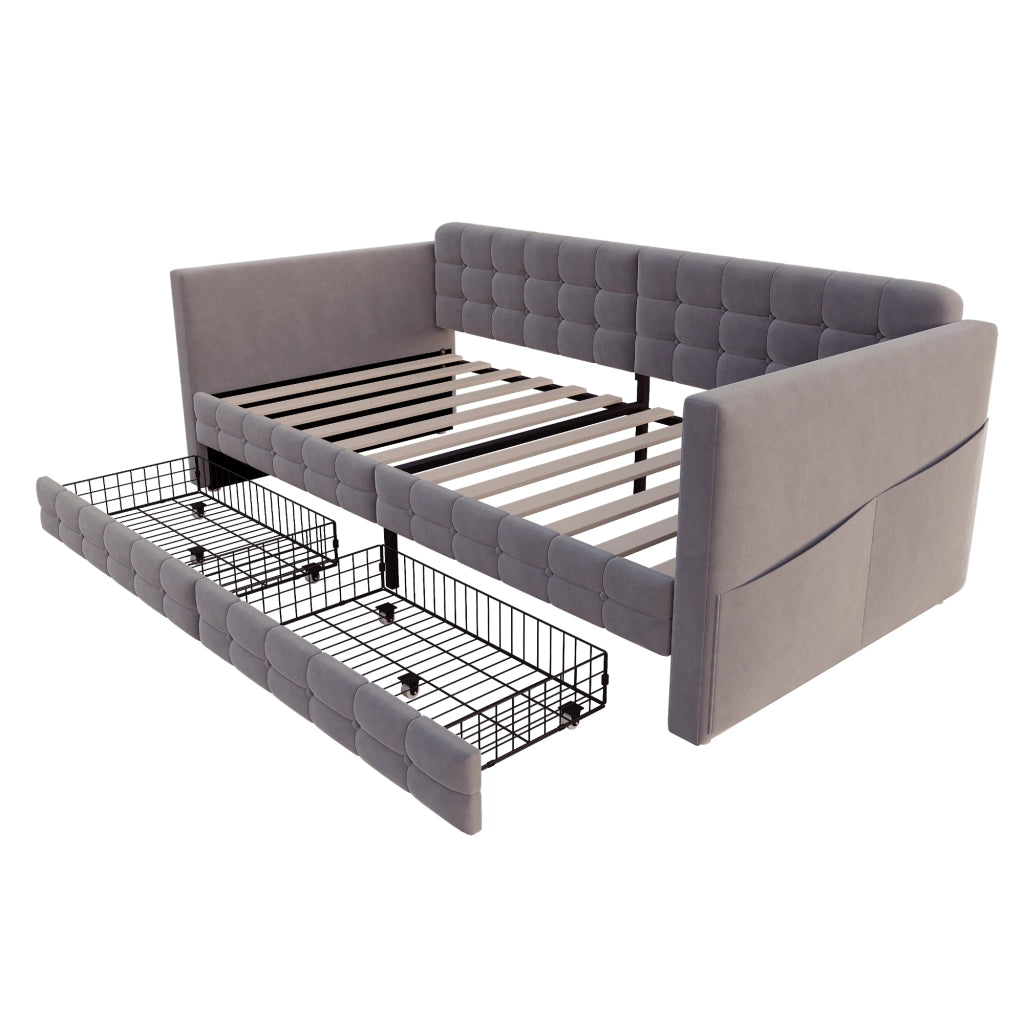 Letto imbottito singolo 90×190 cm con 2 tasche laterali e 2 cassetti; senza materasso; grigio