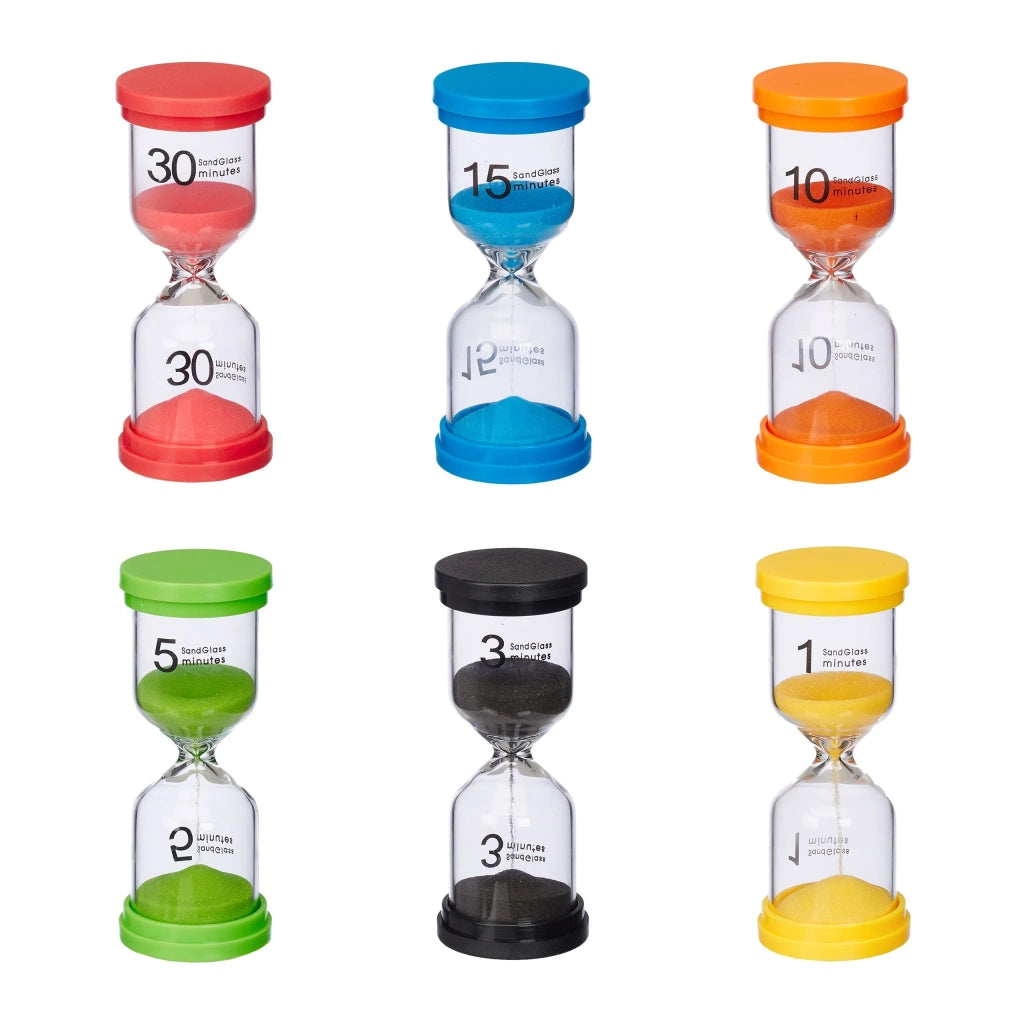Set di 6 clessidre educative pratiche da 1 a 30 minuti per la gestione del tempo in plastica multicolore 13_0013443
