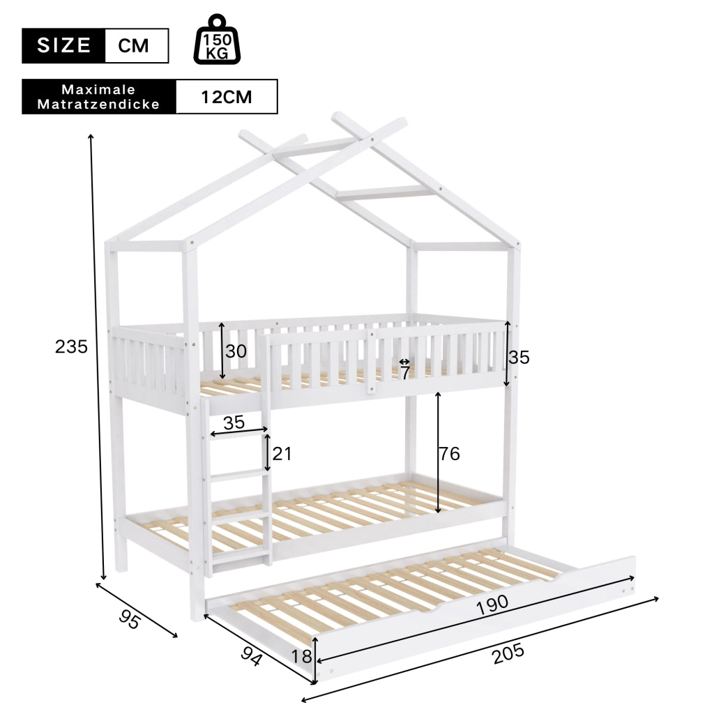 Letto a casetta per bambini e ragazzi 90x200 cm, estraibile, 3 letti separati, bianco