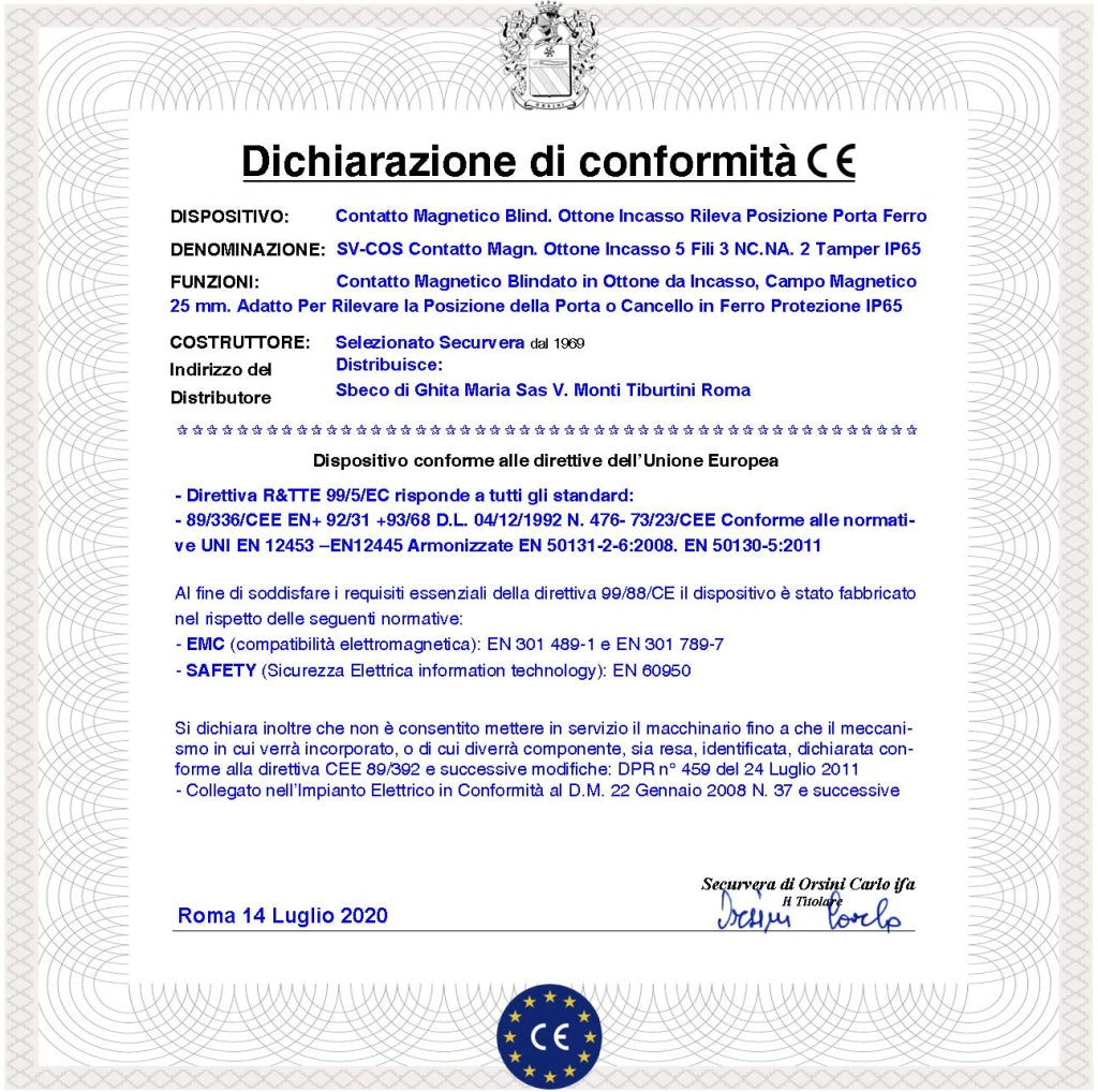 Allarme Contatto Magnetico a Cilindro In Ottone da Incasso 3 Pezzi Sensore Reed Scambio Rileva Posizione Cancello in Ferro Campo 20 mm 5 Fili 3 C.NC.NA 2 Tamper Max 30 V 10W Fissaggio ad Incasso IP65