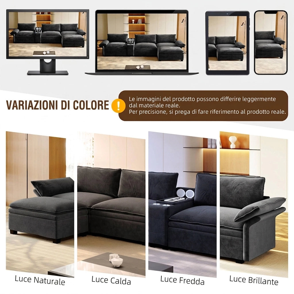 Divano modulare a L 315 cm a 4 posti con pouf; ricarica wireless; altoparlanti e luci; ciniglia; nero