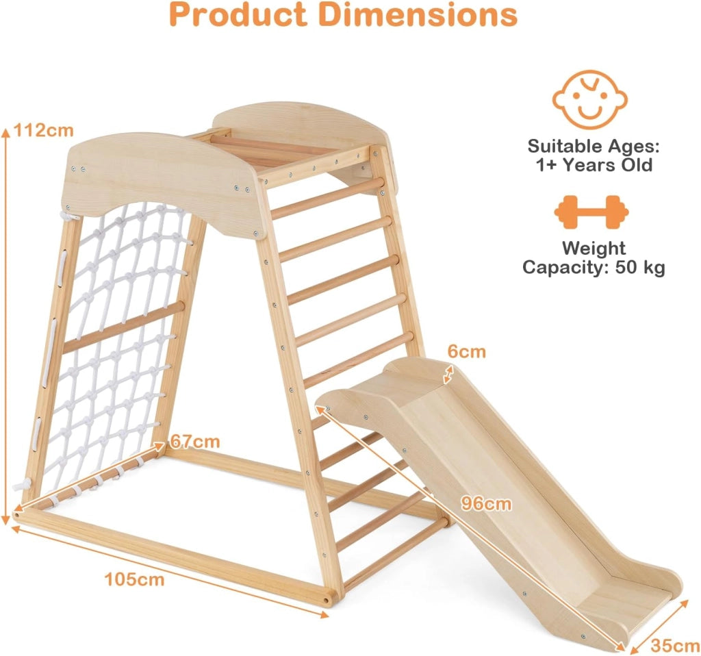 6 in 1 Struttura di Arrampicata, Triangolo da Arrampicata con Scivolo, Barra per Trazioni e Rete per Arrampicata, Parco Educativo per bambini per Interni, 1+ Anno, 105 x 67 x 112 cm (Naturale)