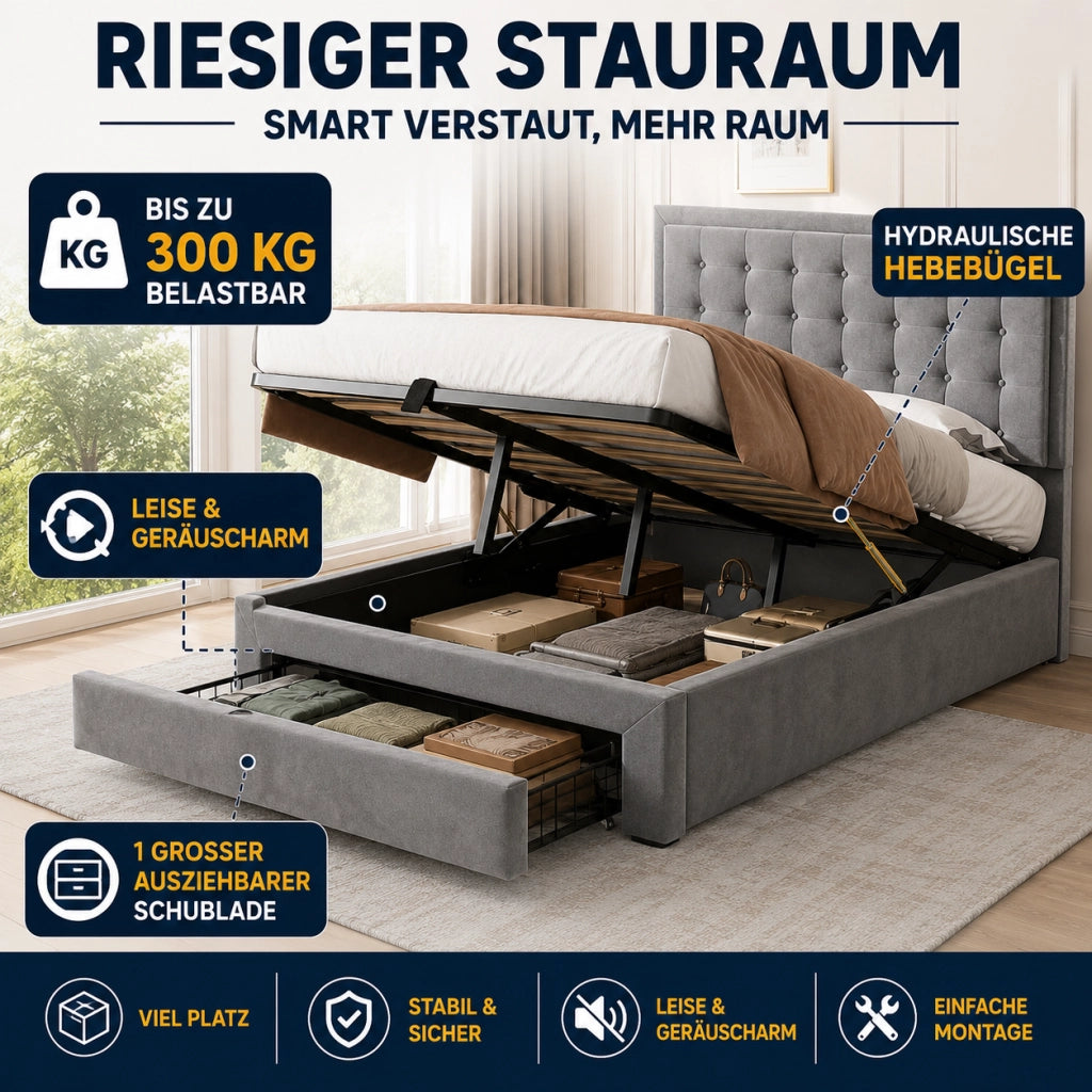Letto contenitore matrimoniale 180 × 200 cm con testiera regolabile, cassetti e vano idraulico, senza materasso, beige