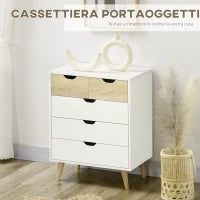 Cassettiera a 5 Cassetti per Camera da Letto con Maniglie Intagliate, 60x40x77.5cm, Bianco e Legno