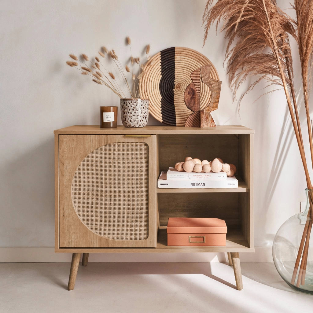 Credenza scandinava con decoro, legno arrotondato, 80cm, marrone