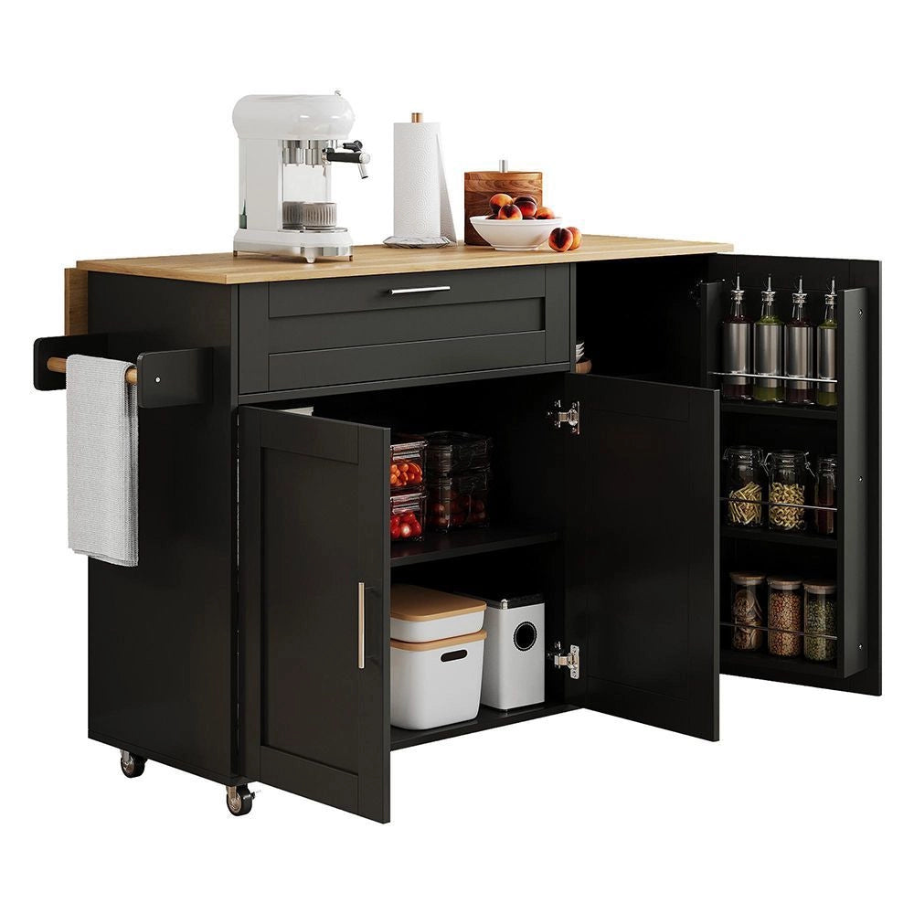 Tavolo da cucina mobile - Xylo - L132,5*L44(70)*H90cm - Grano di quercia - Piano di lavoro ribaltabile, ripiano spezie, portasciugamani