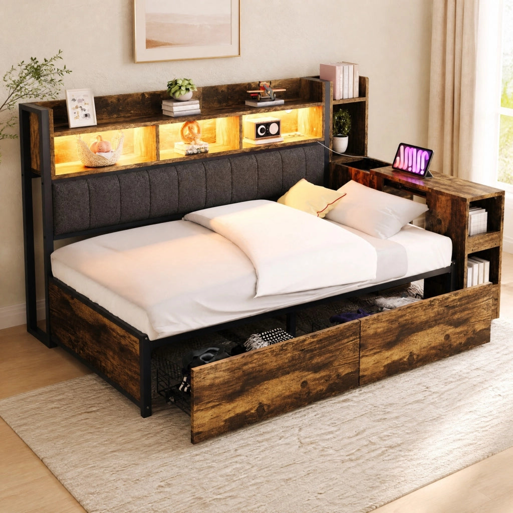 LETTO multifunzione 90x200 cm in metallo e legno, colore legno naturale