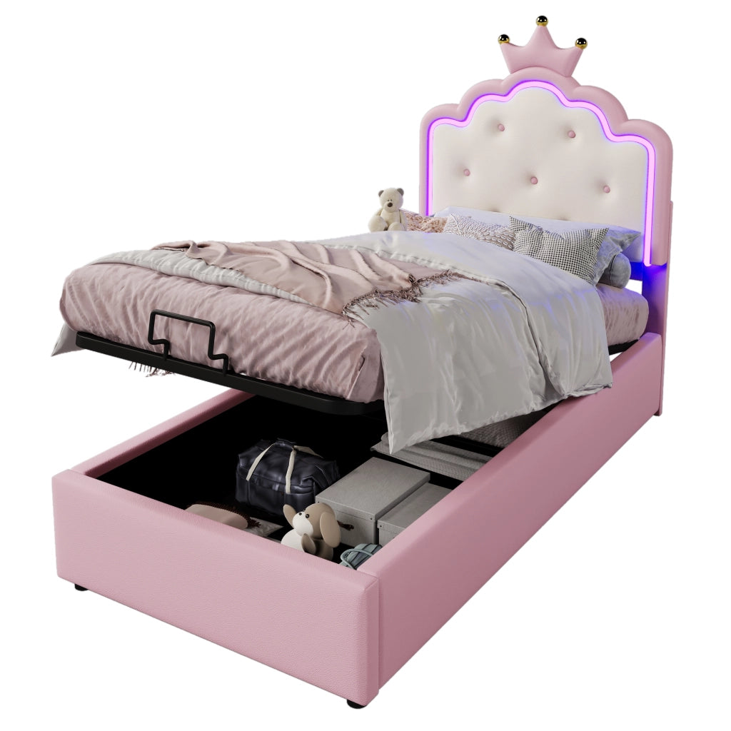 Letto a corona per bambine con contenitore idraulico e LED con telecomando; PU rosa; 90x200 cm; senza materasso