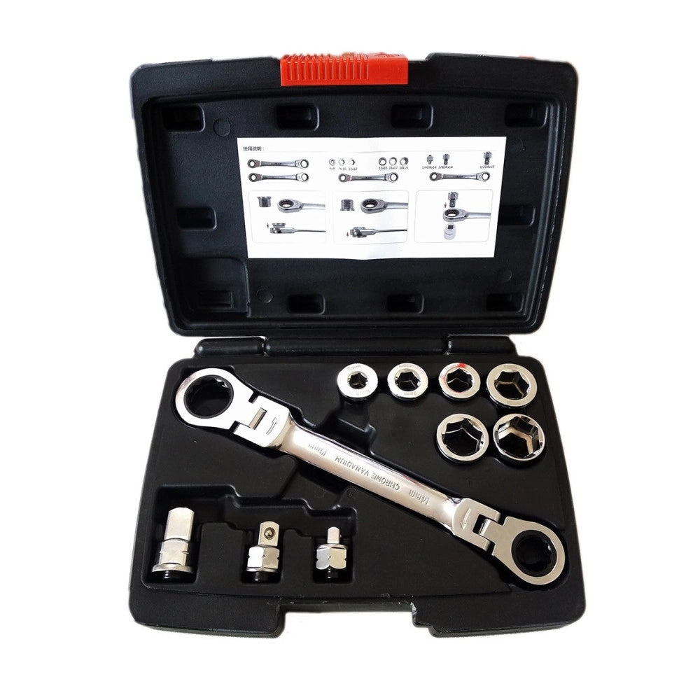 Trade Shop - Set 15 In 1 Chiave Cricchetto 14x19mm Non Reversibile Adattatori Innesti -