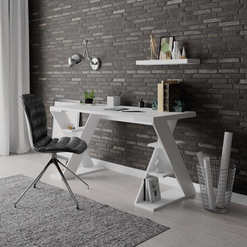 Scrivania Papillon bianca con gambe a X e ripiani integrati 137x60x75