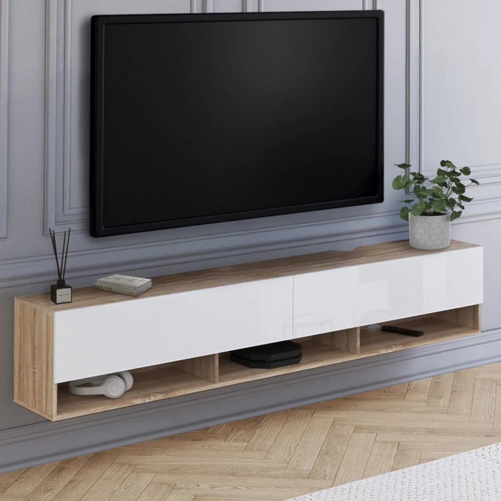 IDMarket - Mueble TV suspendido ELIO 2 puertas con estantes de madera y blanco 180 cm