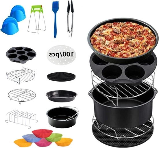 Set di accessori da forno per torte e pizze da 13 pezzi, composto da un contenitore per pizza, un contenitore per cupcake e un set di spiedini, adatto per forni da 3. 2qt- 5. 8qt- fino a 8 pollici.
