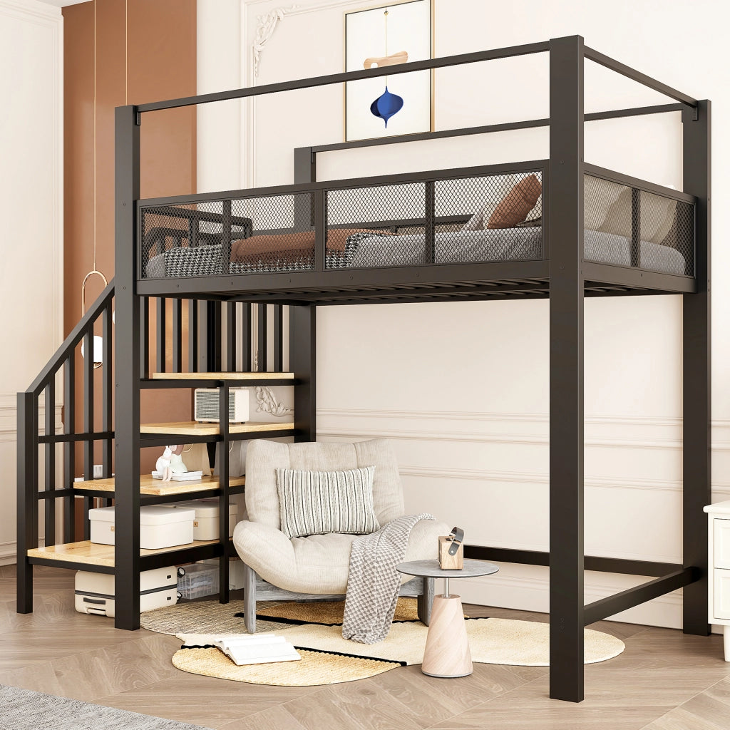 Letto a soppalco in metallo 90x200 cm con scala contenitore, struttura alta, colore nero