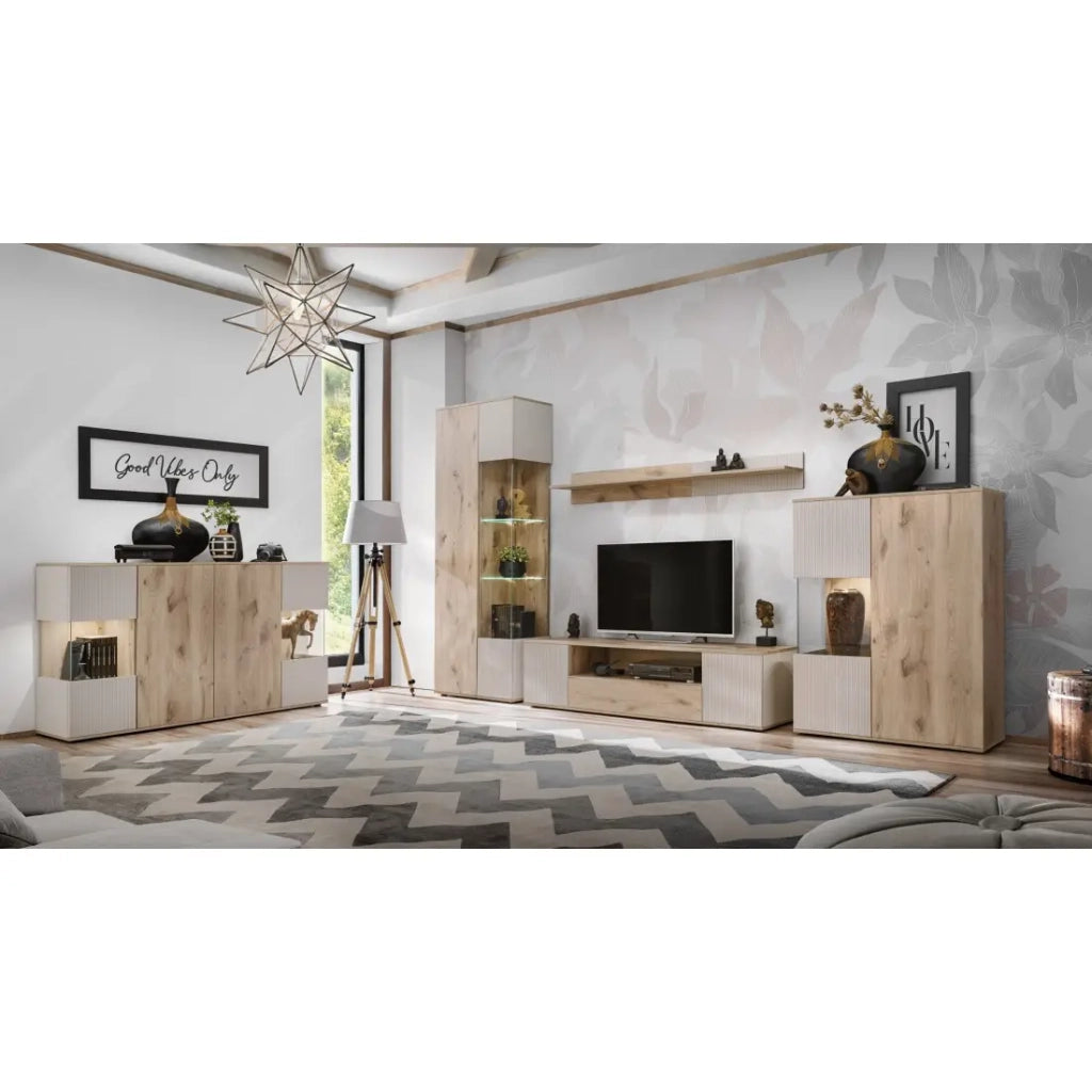 Set completo per il soggiorno ERINA – Credenza bassa, Credenza alta, Vetrina, Mobile TV, Mensola da muro – Rovere chiaro e beige
