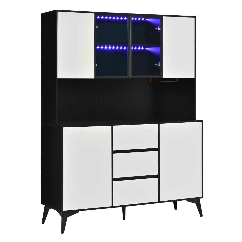 Hochschrank con vetrina in vetro, LED regolabile via app, 2 ante, 3 cassetti, MDF nero e bianco