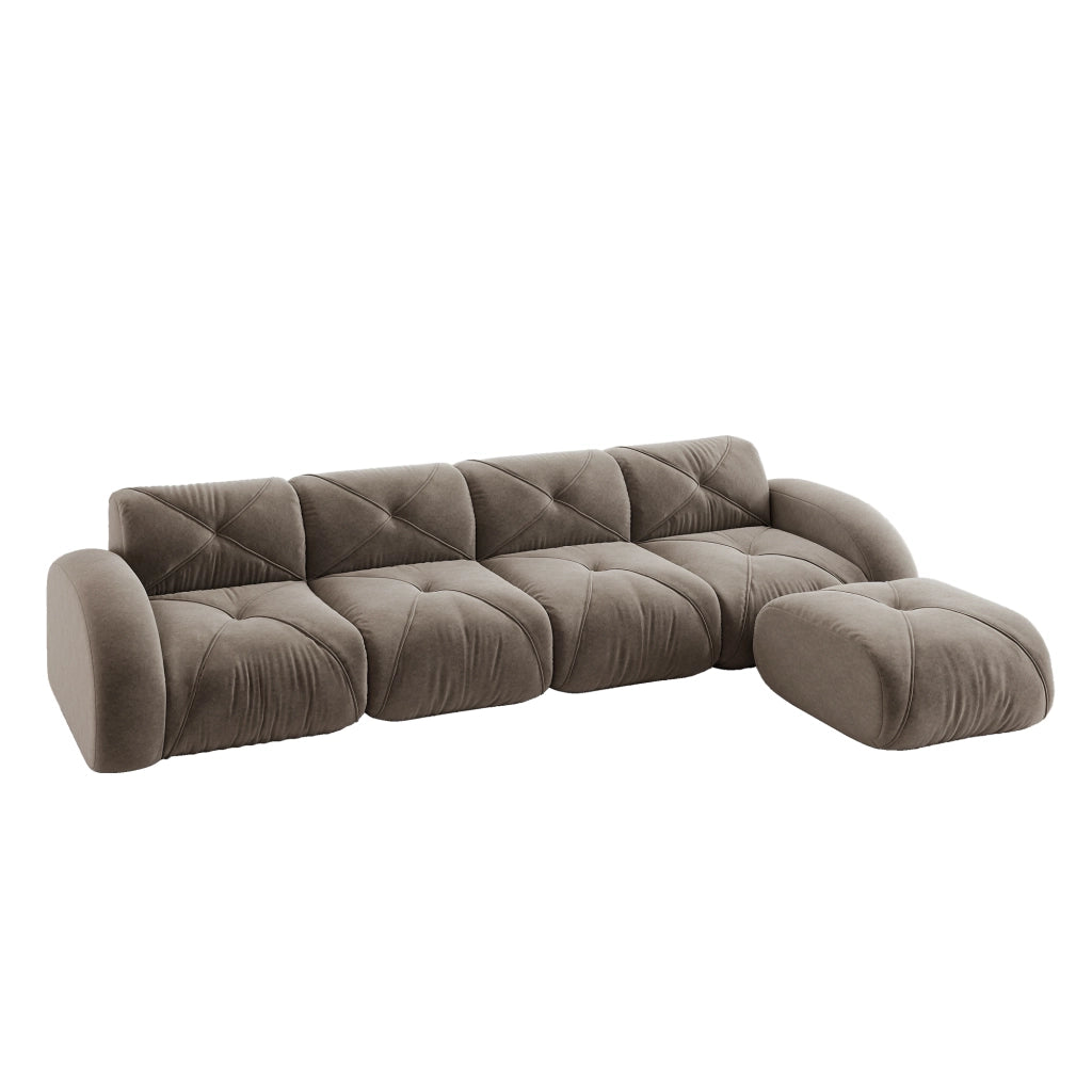 Divano angolare modulare 4 posti in chenille con pouf, seduta ampia e struttura senza telaio, per soggiorno, taupe