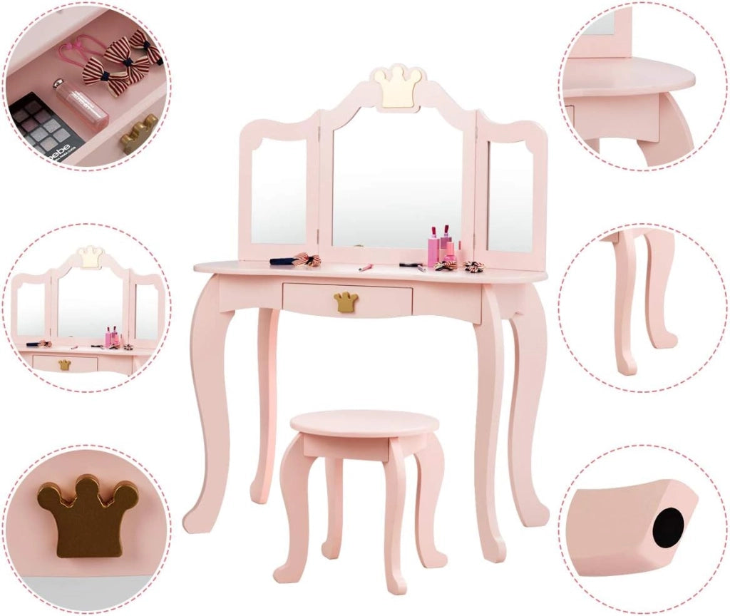 Toeletta da Trucco per Bambini, 2 in 1 Giocattolo da Trucco, Tavolo e Sgabello, con Cassetto, Specchio Rimovibile, Design Principessa, Consigliata per Ragazze 3-7 Anni, Rosa/Bianco
