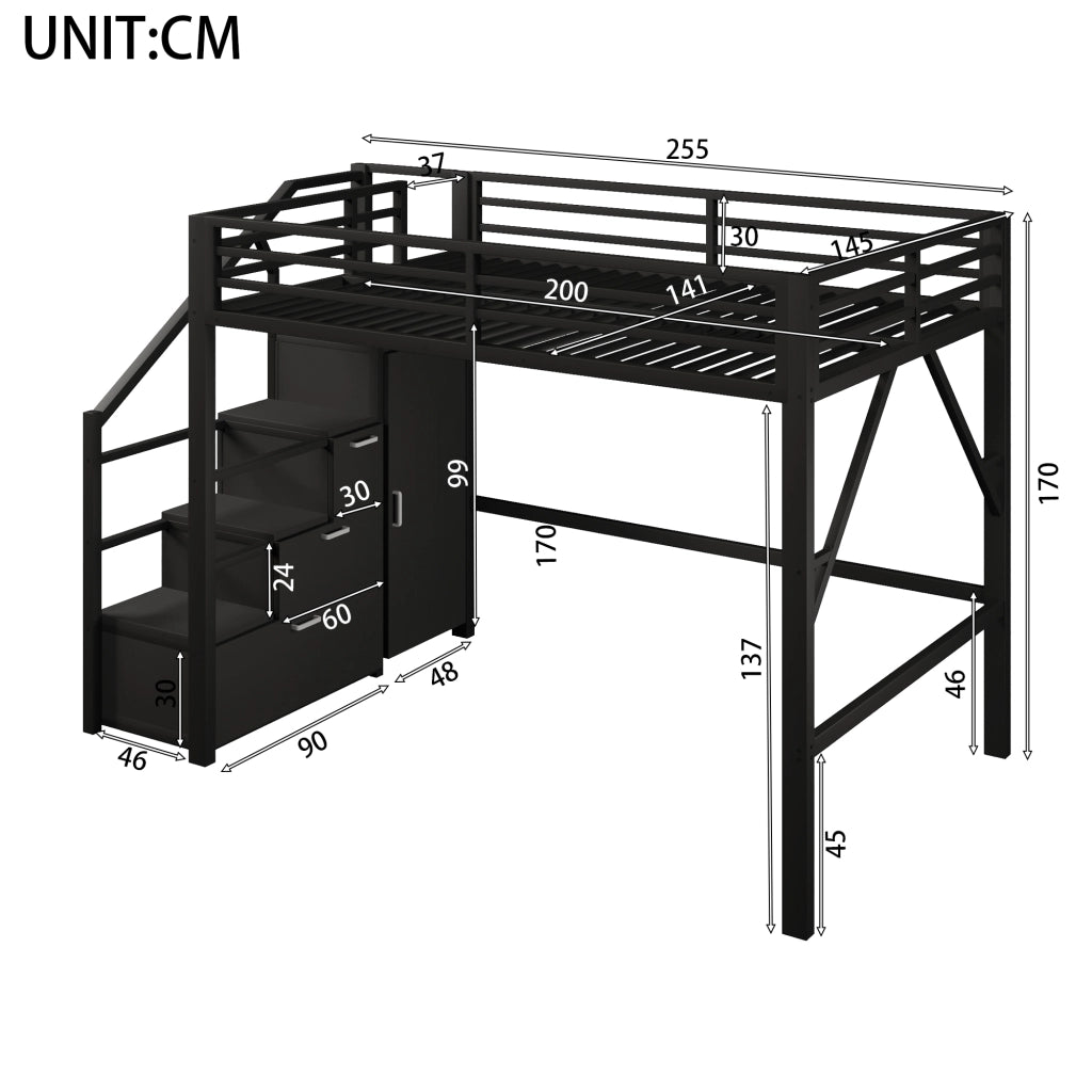Letto a soppalco 140 × 200 cm con 3 vani contenitore, armadio, LED regolabile, scala contenitore, senza materasso, nero