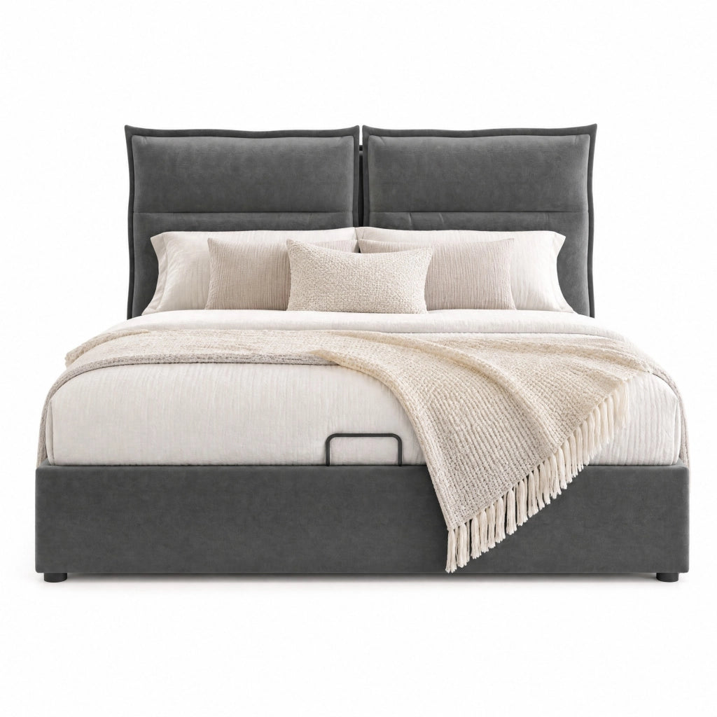 Letto matrimoniale imbottito 140x200 cm con testiera regolabile, rete sollevabile e contenitore, velluto grigio