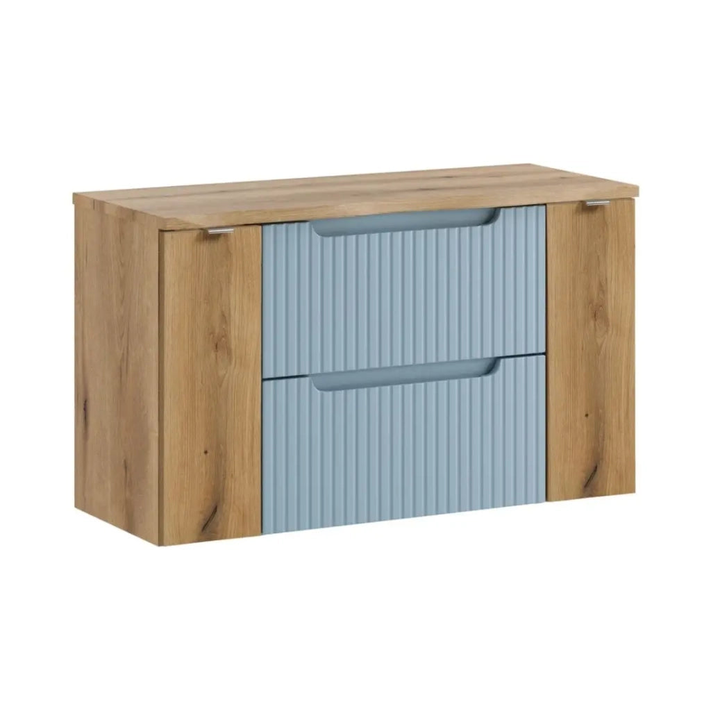 Insieme sospeso VANO blu denim e rovere chiaro 100cm: mobili sotto lavabo con cassetti e armadietti + piano per lavabo
