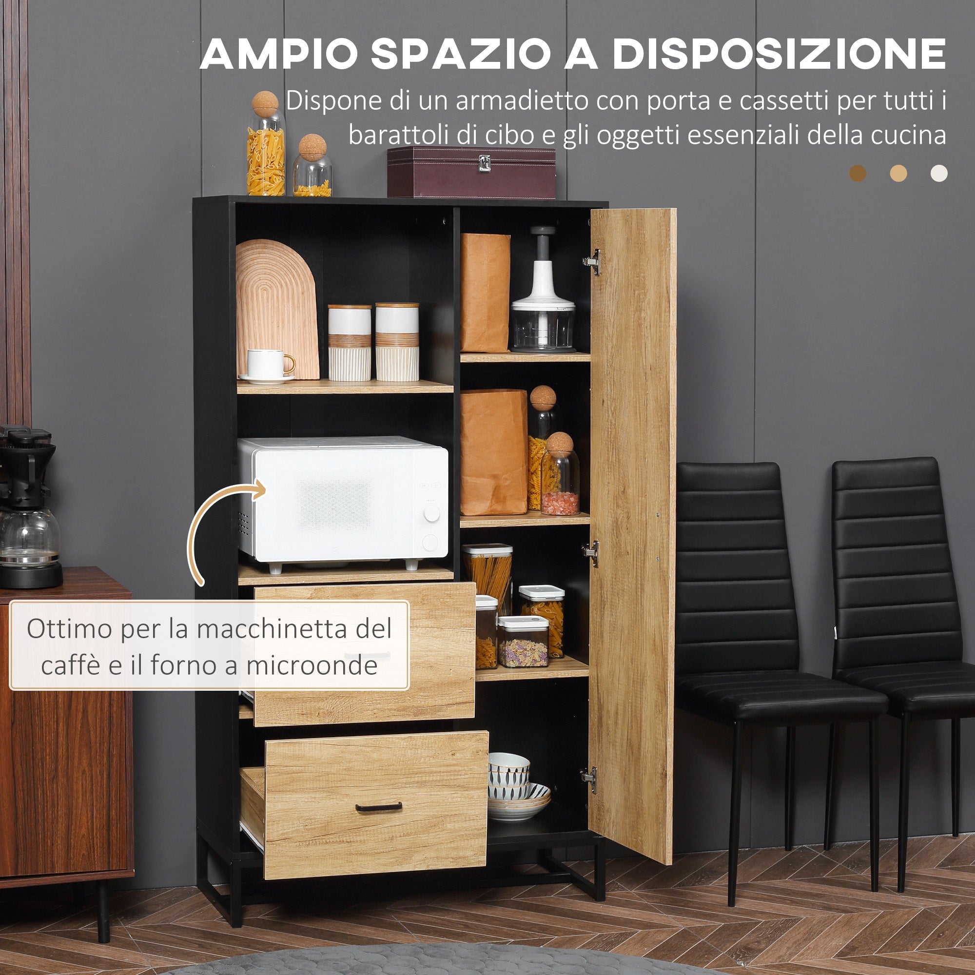 Credenza Mobile Alto Cucina con Armadietti e Ripiani 88x35x160 cm Legno e Nero