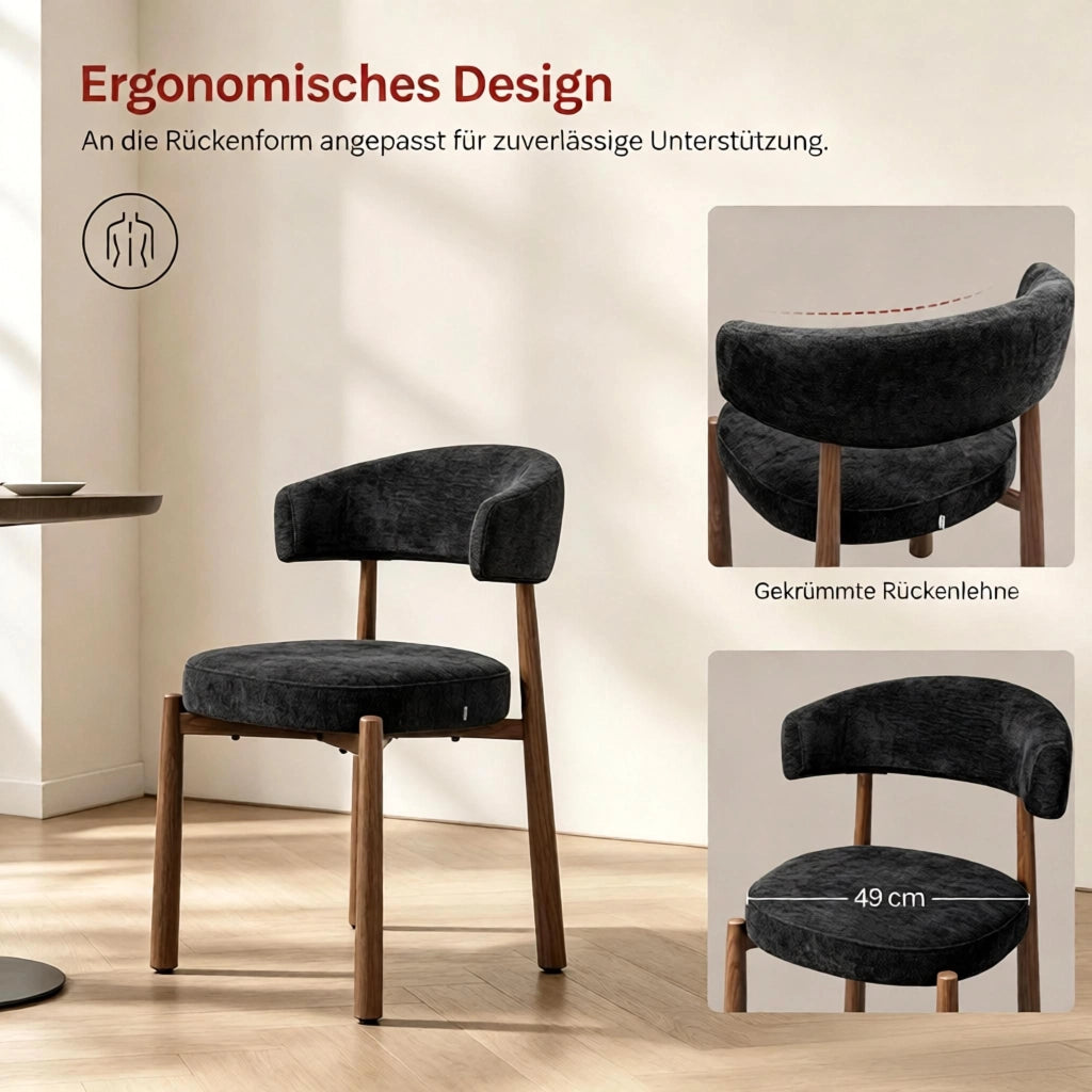 Sedie da pranzo nere in chenille e metallo, set da 2, design ergonomico e salvaspazio