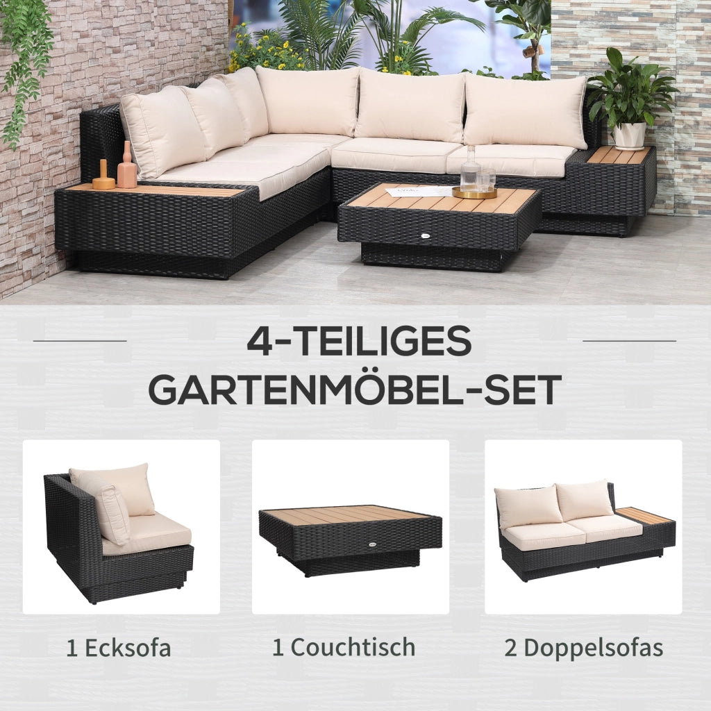 Set da giardino per 4 persone con scaffali e tavolino cuscino nero ideale per terrazza e balcone