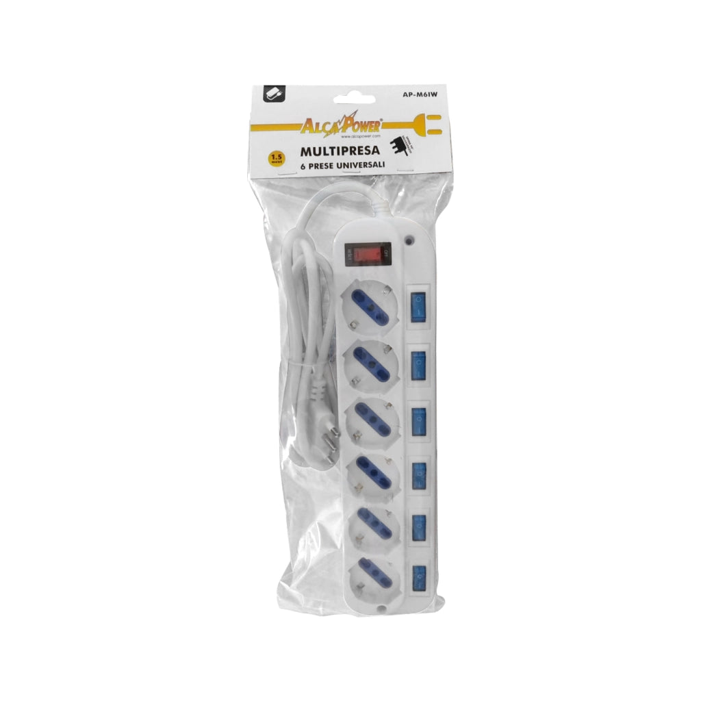 Alcapower Multipresa 6 Prese Schuko Bipasso con Interruttori Indipendenti, Cavo 1.5 metri, 3500W di Potenza Massima, Spina 16A Italia 90 gradi