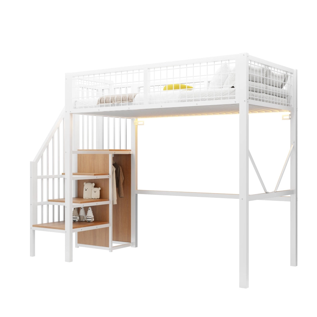 Letto a soppalco 90x200 cm in metallo bianco con scala contenitore; LED e guardaroba