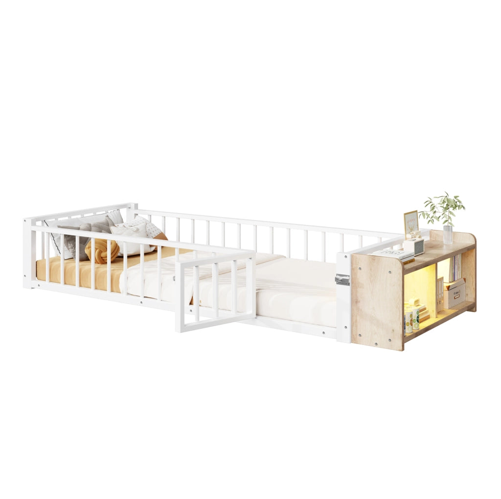 Letto per bambini in metallo 90x200 cm con barriera di protezione e vano aperto