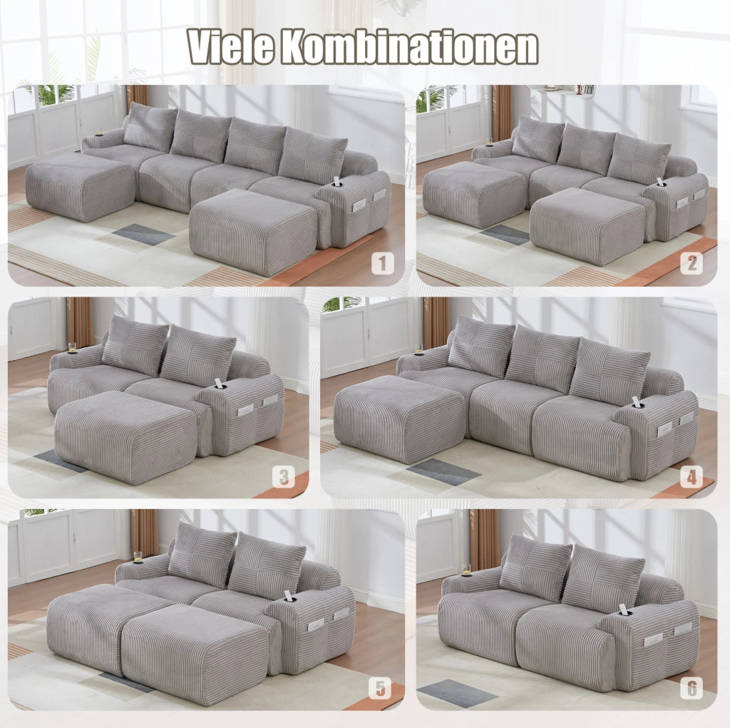 Divano modulare a 3 posti in corduroy grigio chiaro; con portabicchieri e tasca laterale; 268 cm