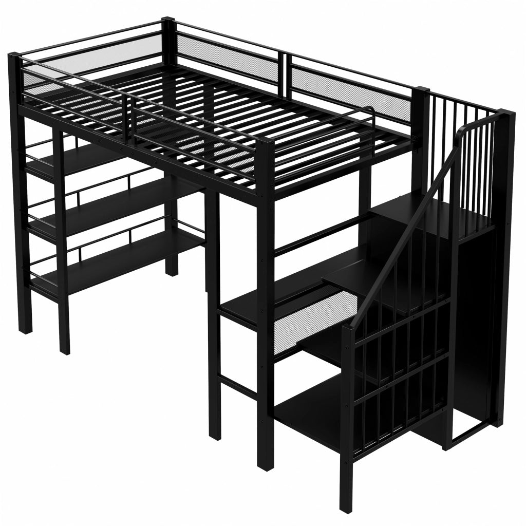 Hochbett 90 x 200 cm in metallo con scrivania, scaffale a 3 livelli, guardaroba integrato, LED e presa, nero