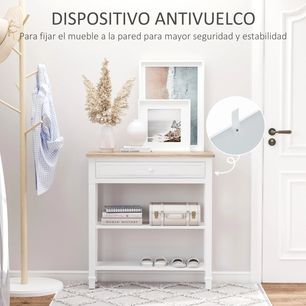 Tavolino da ingresso con 2 ripiani e cassetto ¨C zephmum ¨C 75.6x27.5x80.5 cm Bianco