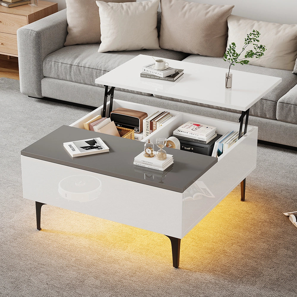 Tavolino-Xylo-70x70x35cm bianco regolabile LED cassetti