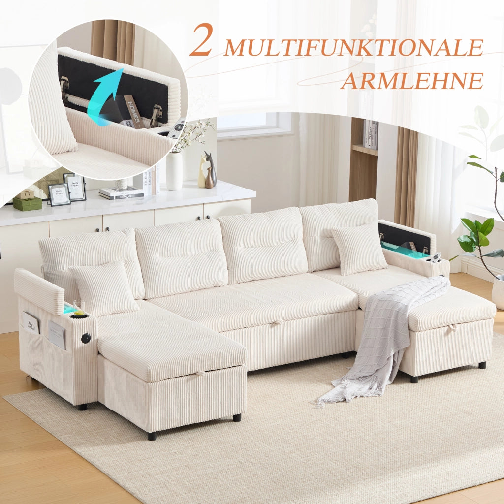 DIVANO 4 posti con doppia chaise longue 272x136x86 cm in corduroy beige