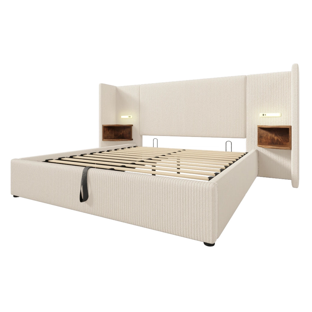 Letto matrimoniale 160x200 con contenitore, testiera con lampada da lettura, USB Type-C e struttura in metallo e legno