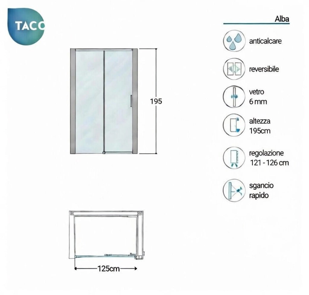 Box doccia a nicchia 125 cm porta scorrevole apertura laterale H195 cm ALBA Cromato