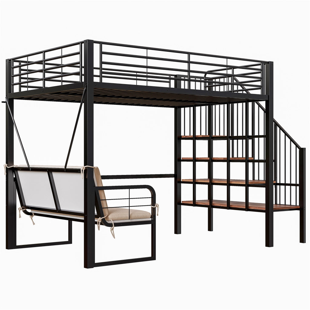 Letto a castello 140 × 200 cm con divano imbottito rimovibile, scala contenitore, senza materasso, nero