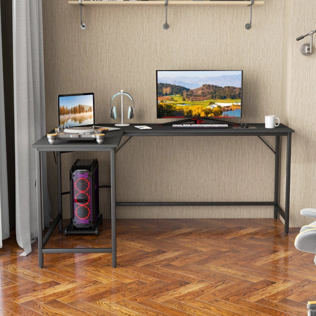 Scrivania ad angolo a L con presa di corrente, Scrivania per computer da 168cm con supporto CPU e telaio in metallo Nero-Scrivanie