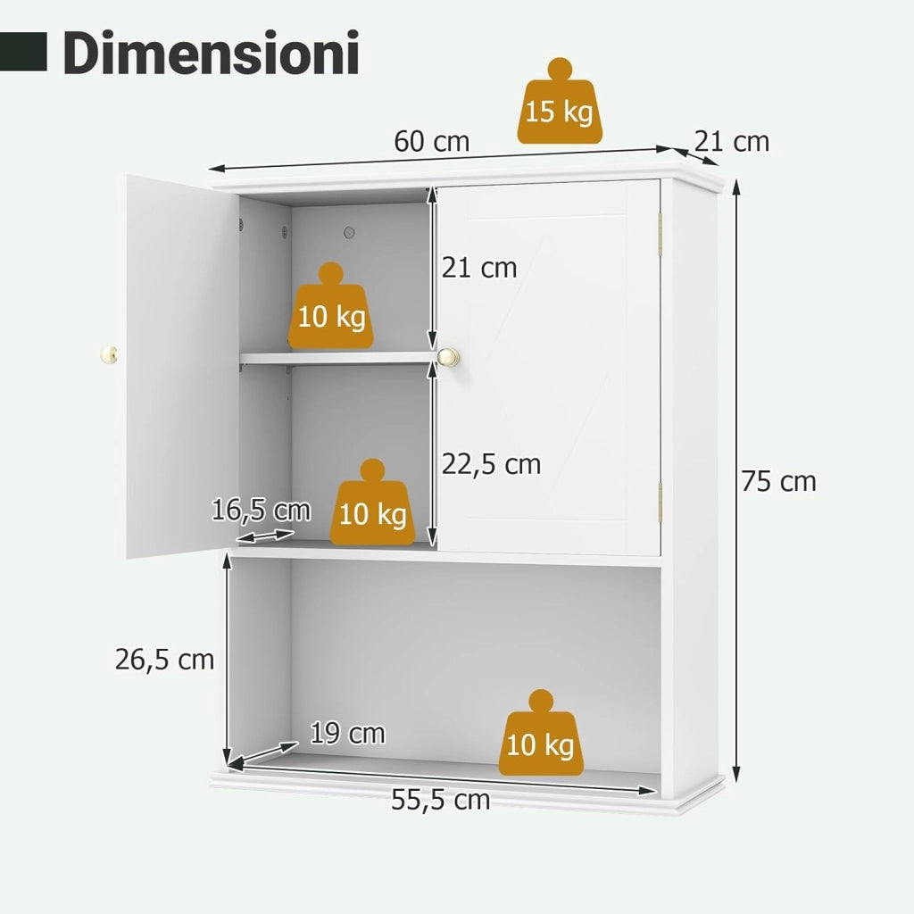 Mobile da Bagno da Parete, Mobiletto Salvaspazio a Muro a 2 Ante con Ripiano Aperto e Ripiano Regolabile, Armadietto per Cucina, Soggiorno e Ingresso, 60 x 21 x 75 cm (Bianco)