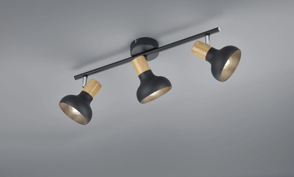 LATIKA BARRA 3 SPOTS METALLO NERO ED EFFETTO LEGNO L. 47CM ATTACCO E14
