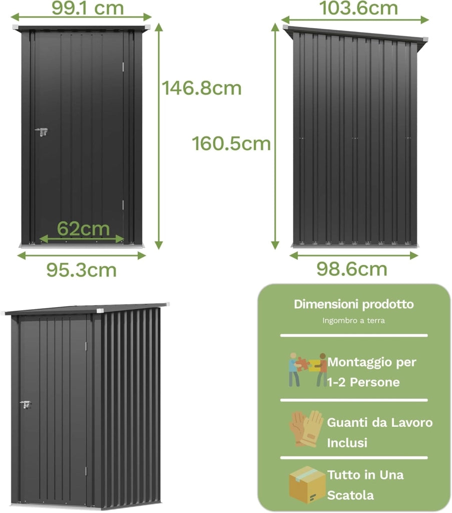 Casetta per attrezzi in metallo, 96 x 98 x 160 cm, con tetto spiovente, forte e antiruggine, con guanti da lavoro, porta girevole bloccabile, piccola casetta da giardino in acciaio per cortile