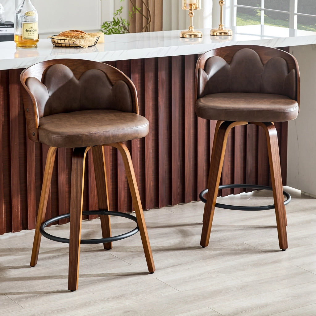 Set di 2 sgabelli da bar 89 cm in legno e PU marrone, schienale floreale