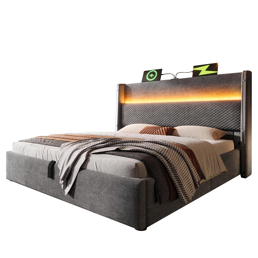 Letto 180x200cm?- Xylo - idraulico LED USB lino grigio