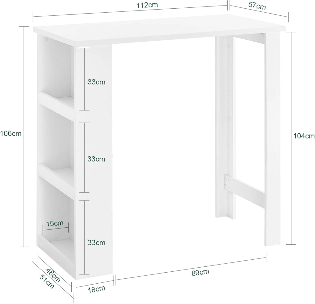 Tavolo Alto da Cucina, Tavolo da Bar Moderno con Ripiani di Stoccaggio, Design Salvaspazio per Cucina Piccola, Soggiorno, Angolo Bar o Studio Bianco 112 x 57 x 106 cm FWT17-II-W