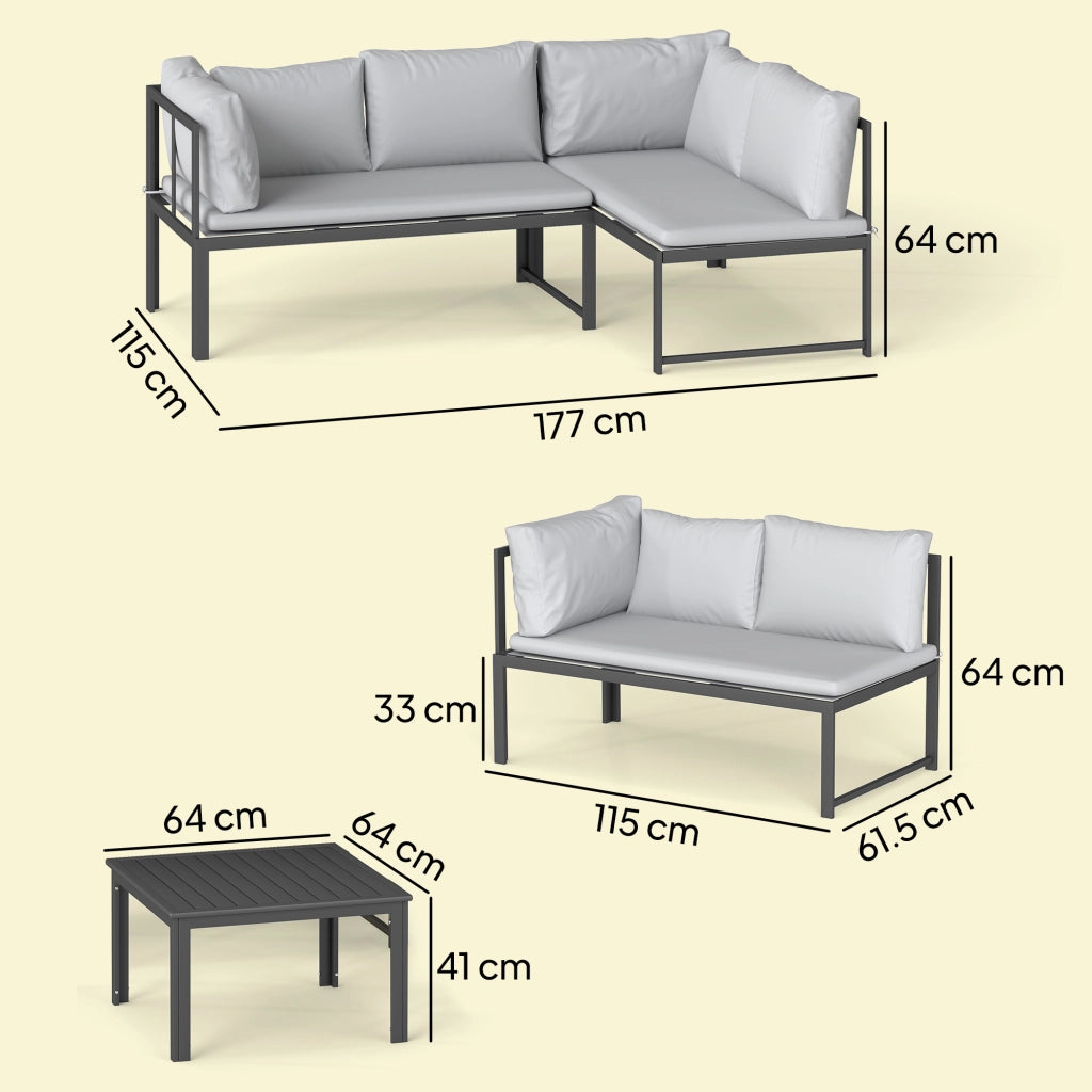 Set 3 Pezzi da Giardino con Divano Angolare Modulabile 4 Posti e Tavolino a Doghe in Metallo e Poliestere Grigio