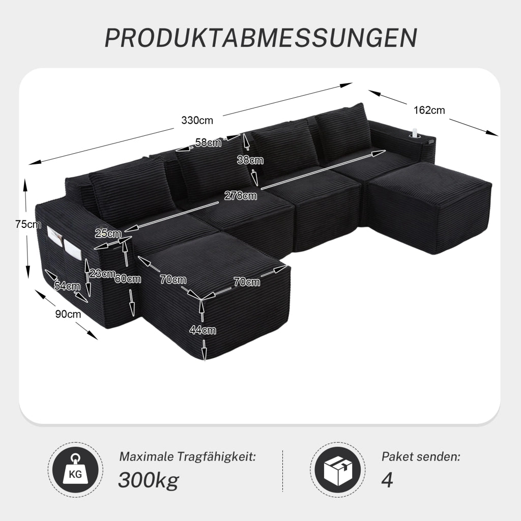 DIVANO MODULARE 4 POSTI 330x162x75 cm Velluto a coste Nero con 2 pouf